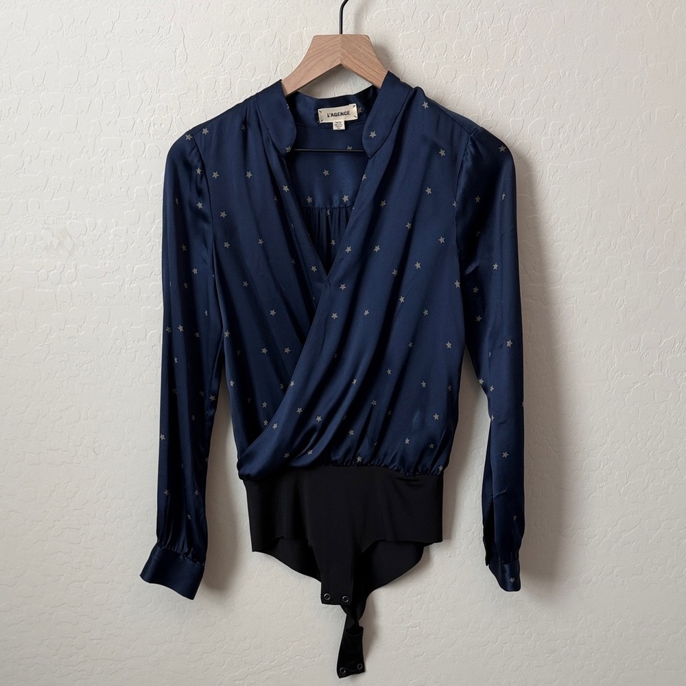 L'AGENCE Serita Star-Print Silk Bodysuit in navy blue size XS